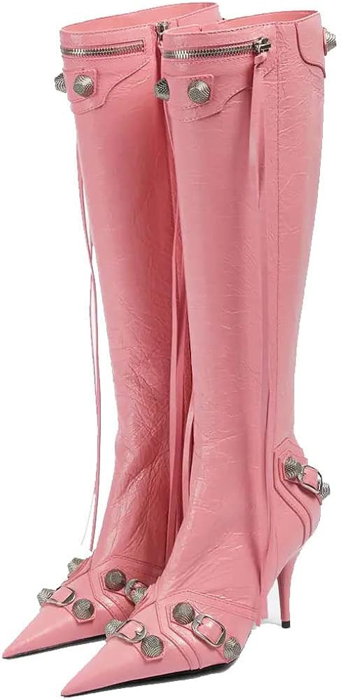 Oiamenne Knee High Boots for Women Fashion Slide Zipper Pointed Toe Stiletto Studded High Heel Ri... | Amazon (US)