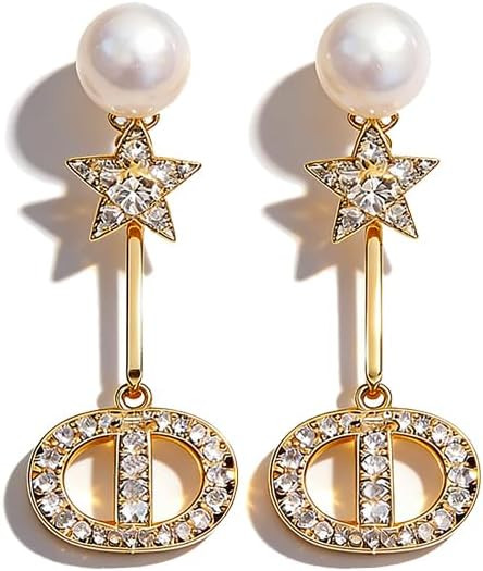 Gold Tone Pearl Drop Earrings with Crystal configuration, Star Accent, Dangle Style, Statement Je... | Amazon (US)