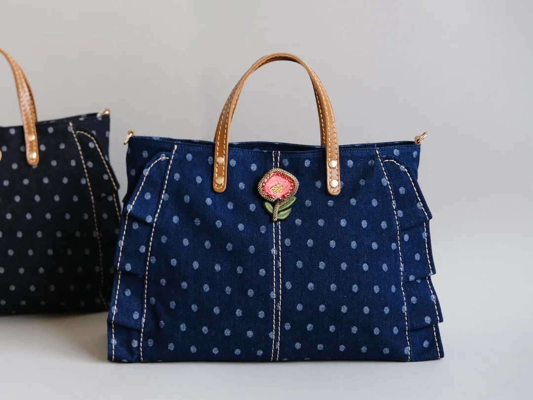 Denim Ruffle Handbag with Leather Handle, Denim Tote Bag, Jean Crossbody Purse, Casual Daily Bag ... | Etsy (US)