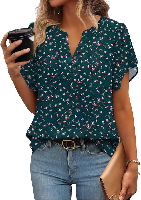 Zeagoo Womens Dressy Casual Chffon Shirts Short Sleeve V Neck Work Blouse | Amazon (US)