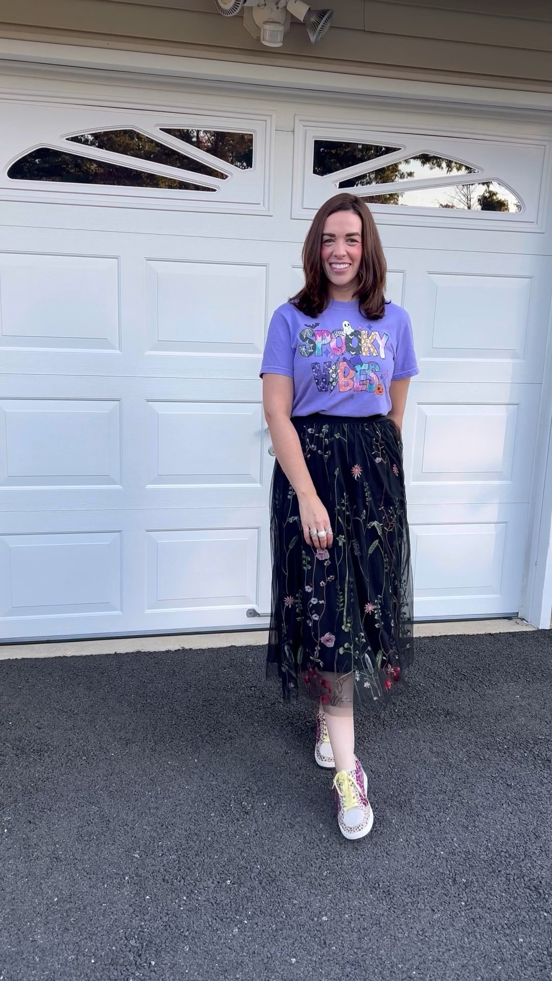 Spooky vibes purple tshirt (small). Tiered mesh black skirt (small). Sneakers (8.5). #Halloweenoutfit #Halloween #tshirt #graphictee #graphictshirt #skirt #blackskirt #meshskirt #tieredskirt #sneakers #falloutfit Halloween Outfit 
Fall Outfit

#LTKFindsUnder100 #LTKStyleTip #LTKHalloween