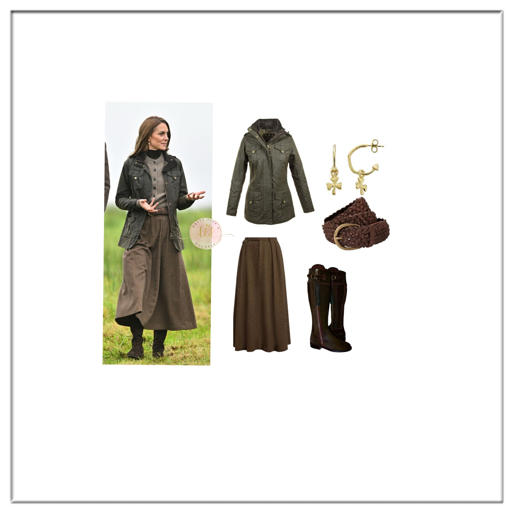 10/14/25 Kate Middleton at Mallon farm wearing Barbour waxed defense jacket + Really Wild riding boots + Ralph Lauren birdseye tweed skirt 