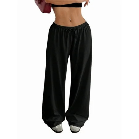 Women S Wide Leg Sweatpants Drawstring Baggy Trousers High Waisted Loose Casual Jogger Pants Black S | Walmart (US)