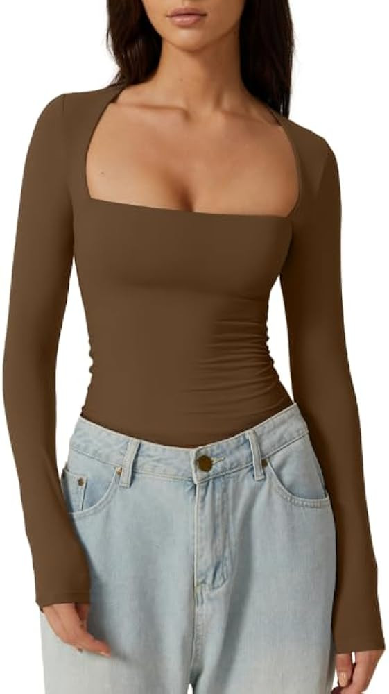 QINSEN Women's Sexy Square Neck Shirt Long Sleeve Double Lined Tees Fitted Going Out Tops | Amazon (US)