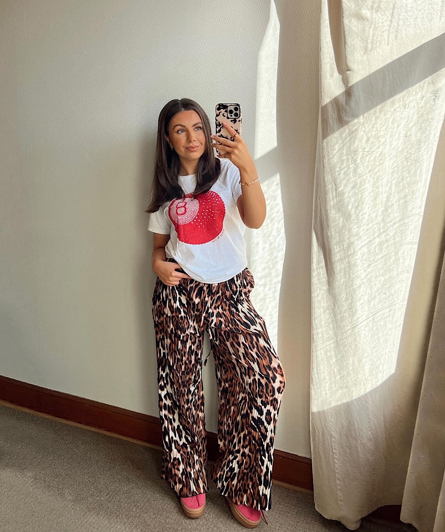 Red 8 ball tee, leopard print trouser and adidas gazelle bold combo! Exact tee is from InPrintWeTrust 🎱

#LTKstyletip #LTKfindsunder50 #LTKshoecrush