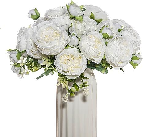 dyCrazy 4 Bunches White Peony Artificial Flowers for Decoration Faux Rose Fake Bouquet Silk Arran... | Amazon (US)