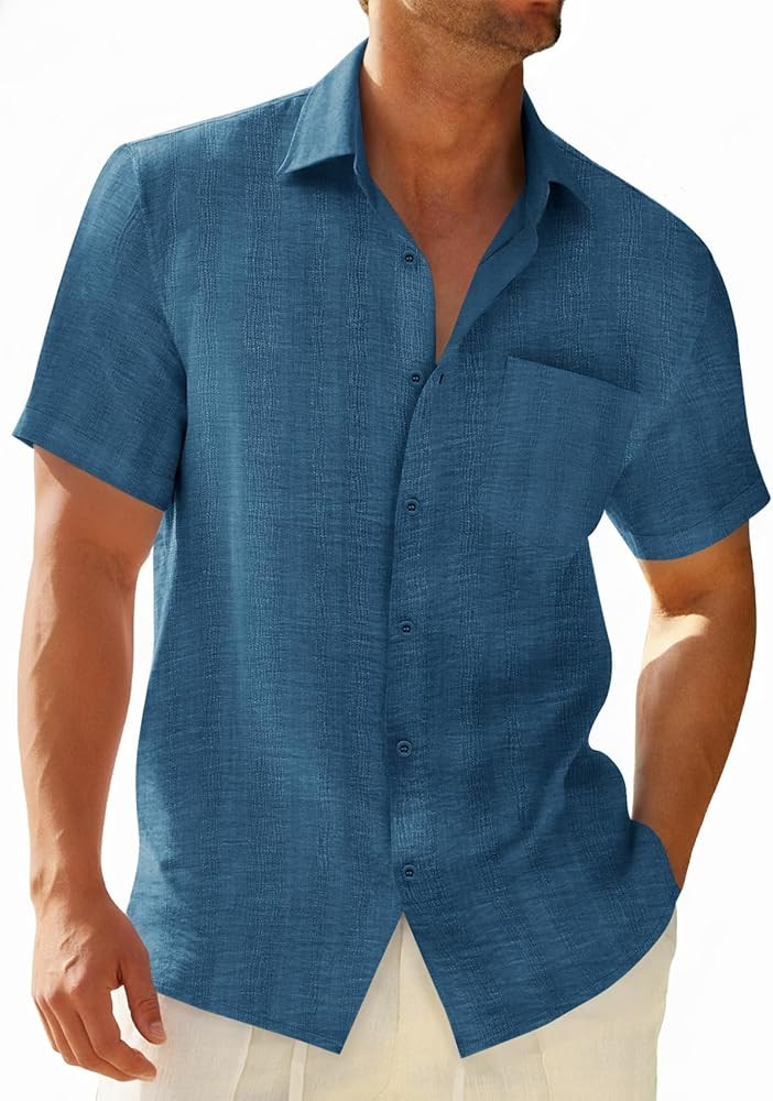 Runcati Mens Button Down Shirts Casual Short Sleeve Shirt Textured Linen Summer Beach Tops with P... | Amazon (US)