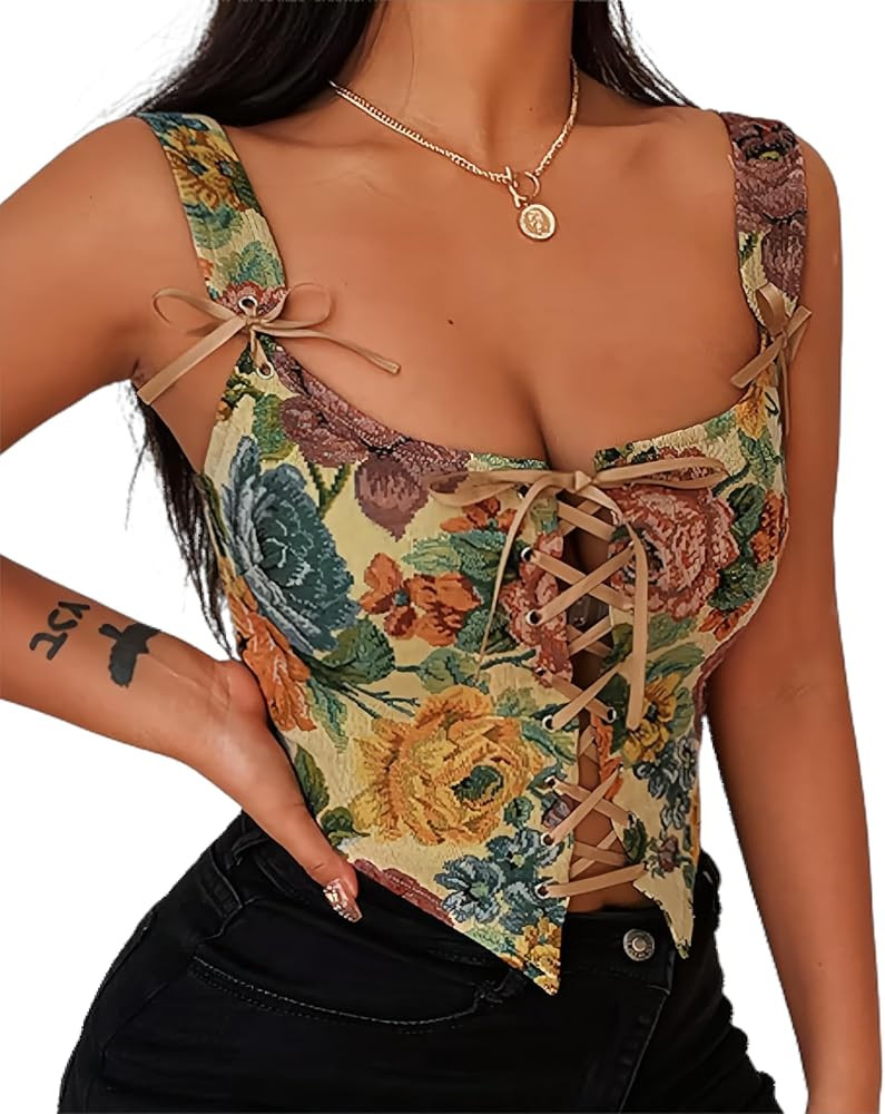 Women's Summer Vintage Floral Renaissance Corset Top for Women Y2k Tops Sleeveless Drawstring Cro... | Amazon (US)