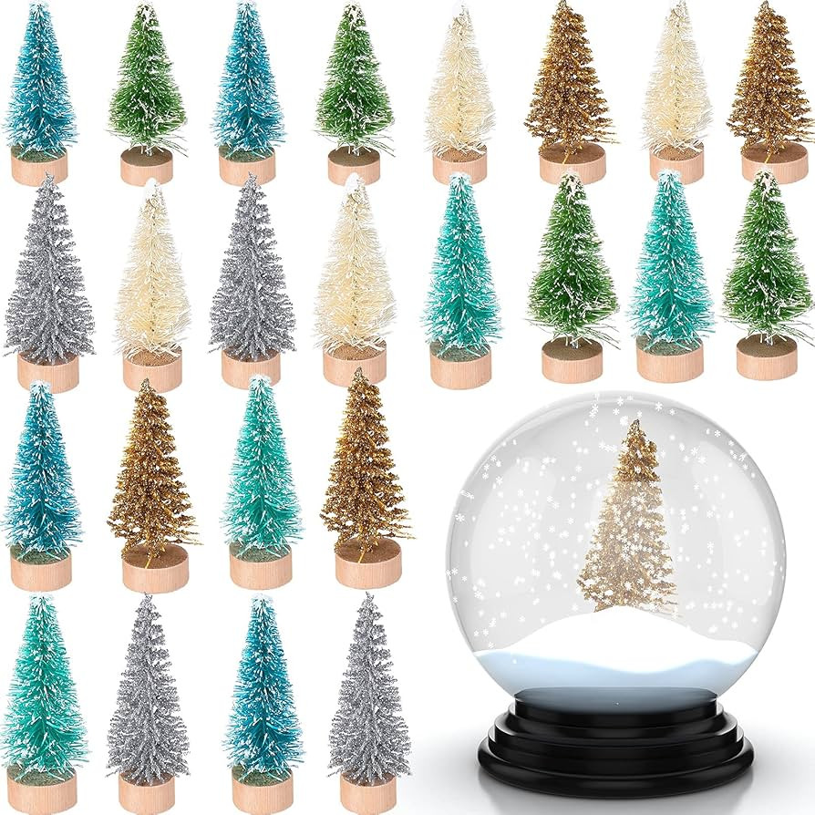 24 Pieces Mini Pine Trees Christmas Trees Bottle Brush Trees Frosted Sisal Trees with Wooden Base Miniature Trees Plastic Winter Snow Ornaments Tabletop Trees for Craft Display Decor (Multi-Color) | Amazon (US)