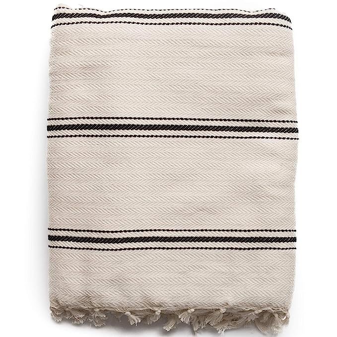 The Loomia Turkish Cotton Blanket - Sophie Boho Series (100% Cotton, 74" X 82" Full Size, Cream-B... | Amazon (US)