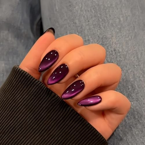 KQueenest Purple Cat Eye Press on Nails Almond Shape, 30 Pcs Black Glitter Fake Nails Medium, Thick Dark Sparkly Nails Press on, Shiny Acrylic Nails, Cute Bling Stick on Nails for Women Fall Winter | Amazon (US)