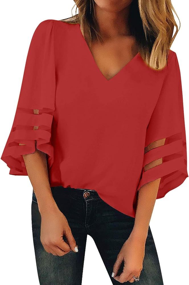 Bdcoco Womens 3/4 Bell Sleeve V Neck Mesh Patchwork Blouse Tops Casual Loose Shirts | Amazon (US)