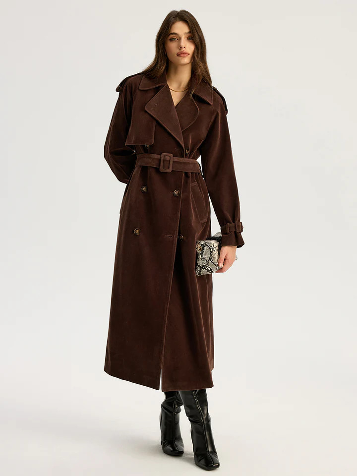 Belted Double-Breasted Suede Effect Long Trench Coat | Commense
