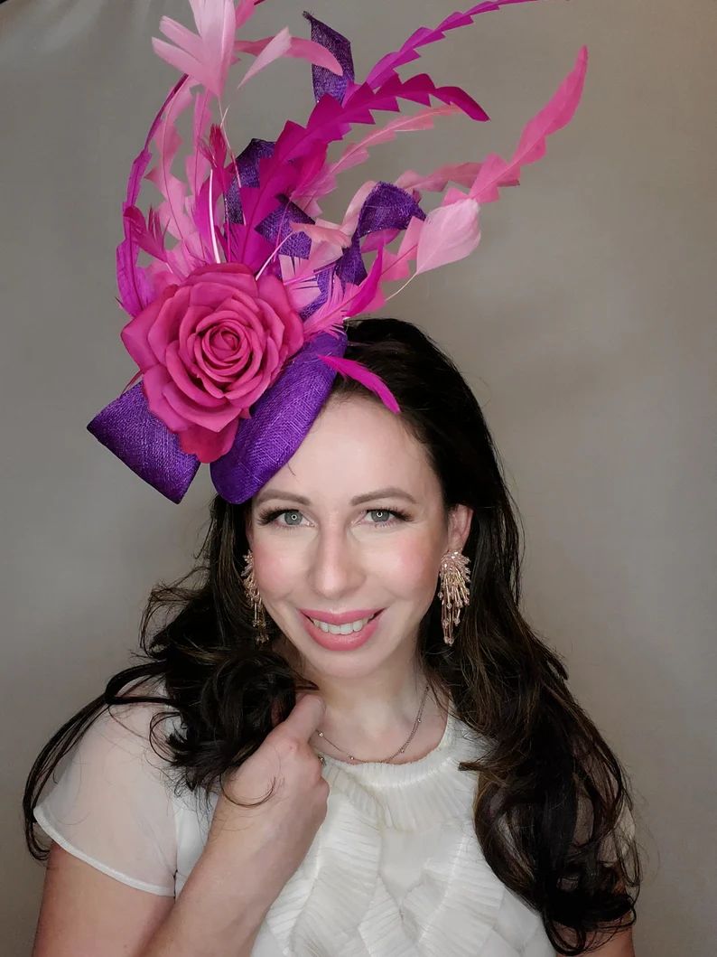 Purple kentucky derby hat fascinator bright purple sinamay bow | Etsy | Etsy (US)