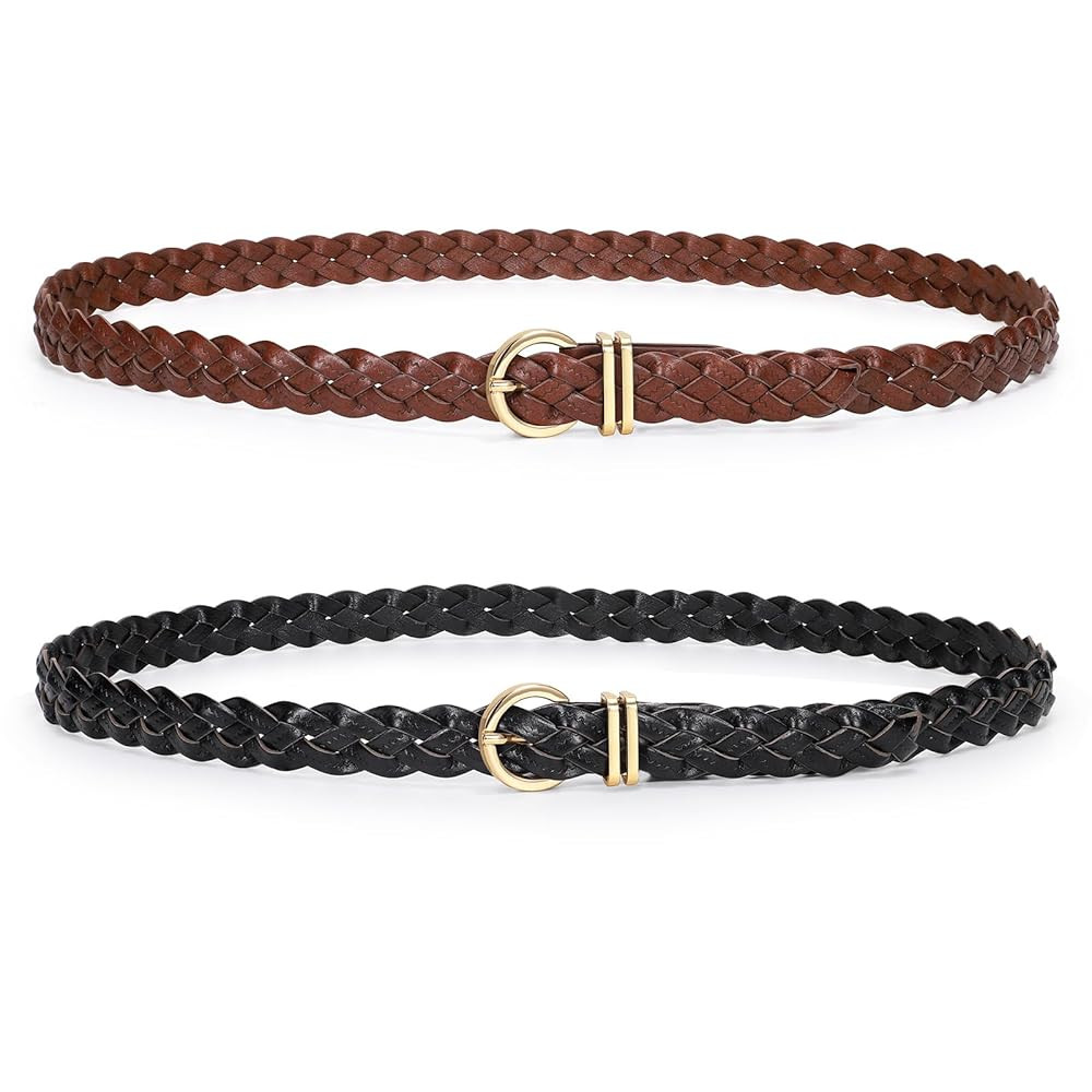 2 Pack Women's Skinny Braided Leather Belts Thin Woven Waist Belts for Jeans Pants Dresses | Amazon (US)