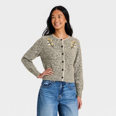 Women's Long Sleeve Crafted Crewneck Cardigan - Universal Thread™ Beige L | Target