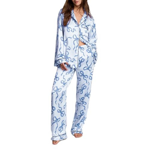Fenghualzzniya Women Bow Pajamas Satin Pajama Set Floral Silk 2 Piece Lounge Sets Button Down Shirts Wide Leg Pants Cute Pjs, Cute Blue, Small | Amazon (US)