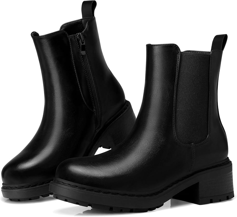 SHIBEVER Botines Chelsea: botas Chelsea gruesas de tacón bajo y punta redonda para mujer, botine... | Amazon (US)