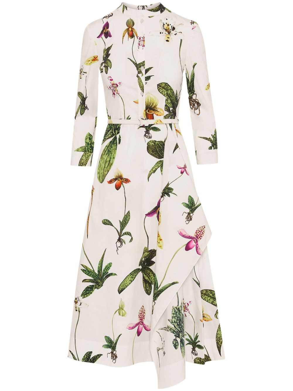 Oscar de la Renta Orchid 3/4 sleeve cotton-poplin dress - White | Farfetch Global