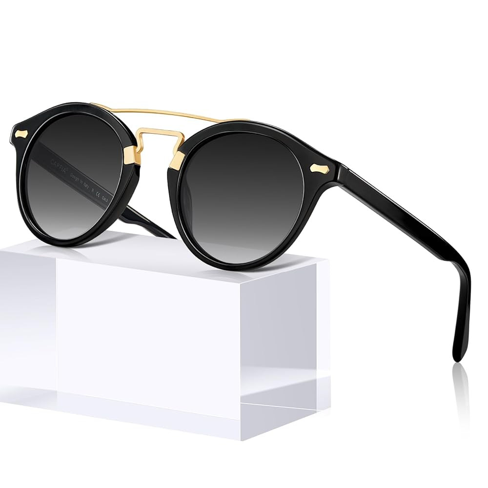 CARFIA Small Face Acetate Double Bridge Sunglasses for Women Polarized UV Protection, Retro Metal Brow Eyewears Round Sunnies | Amazon (US)