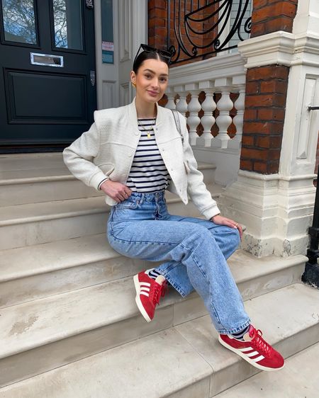 White crop bomber jacket, striped top, high waist jeans wide leg, red adidas gazelle trainers

#LTKshoecrush #LTKeurope #LTKSeasonal