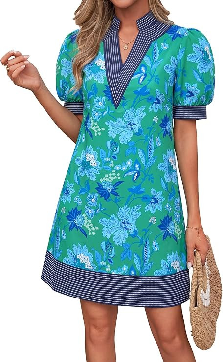 Wenrine Womens Summer V Neck Shift Dresses Casual Puff Short Sleeve Color Block Short Boho Beach ... | Amazon (US)