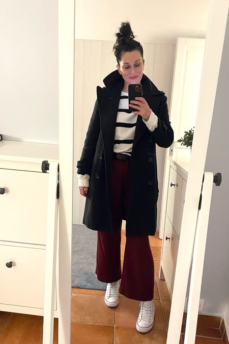 Peacoat Emerson Fry (old) / Striped sweat-shirt H&M / Burgundy wool trousers Comptoir des Cotonniers (old) / White leather high tops Converse 

#LTKeurope #LTKover40 #LTKmidsize