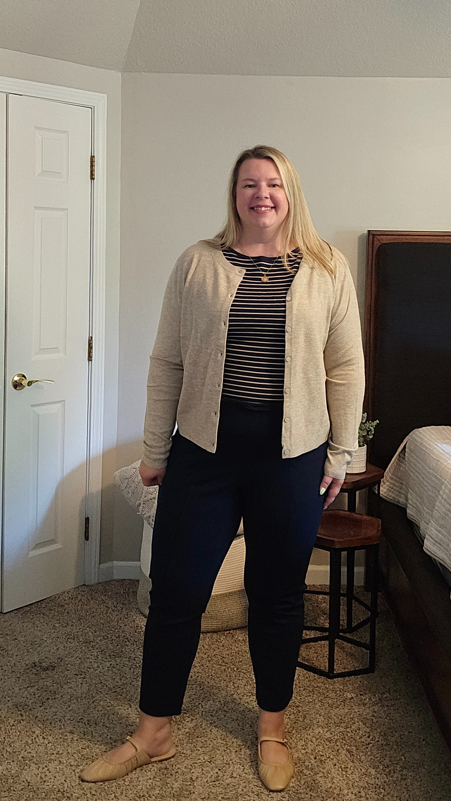 This isna great fall look for work or out and about.  Cardigan XXL. Striped top XL. Pants XL. Shoes Size 11.

#LTKFallSale #LTKMidsize #LTKWorkwear