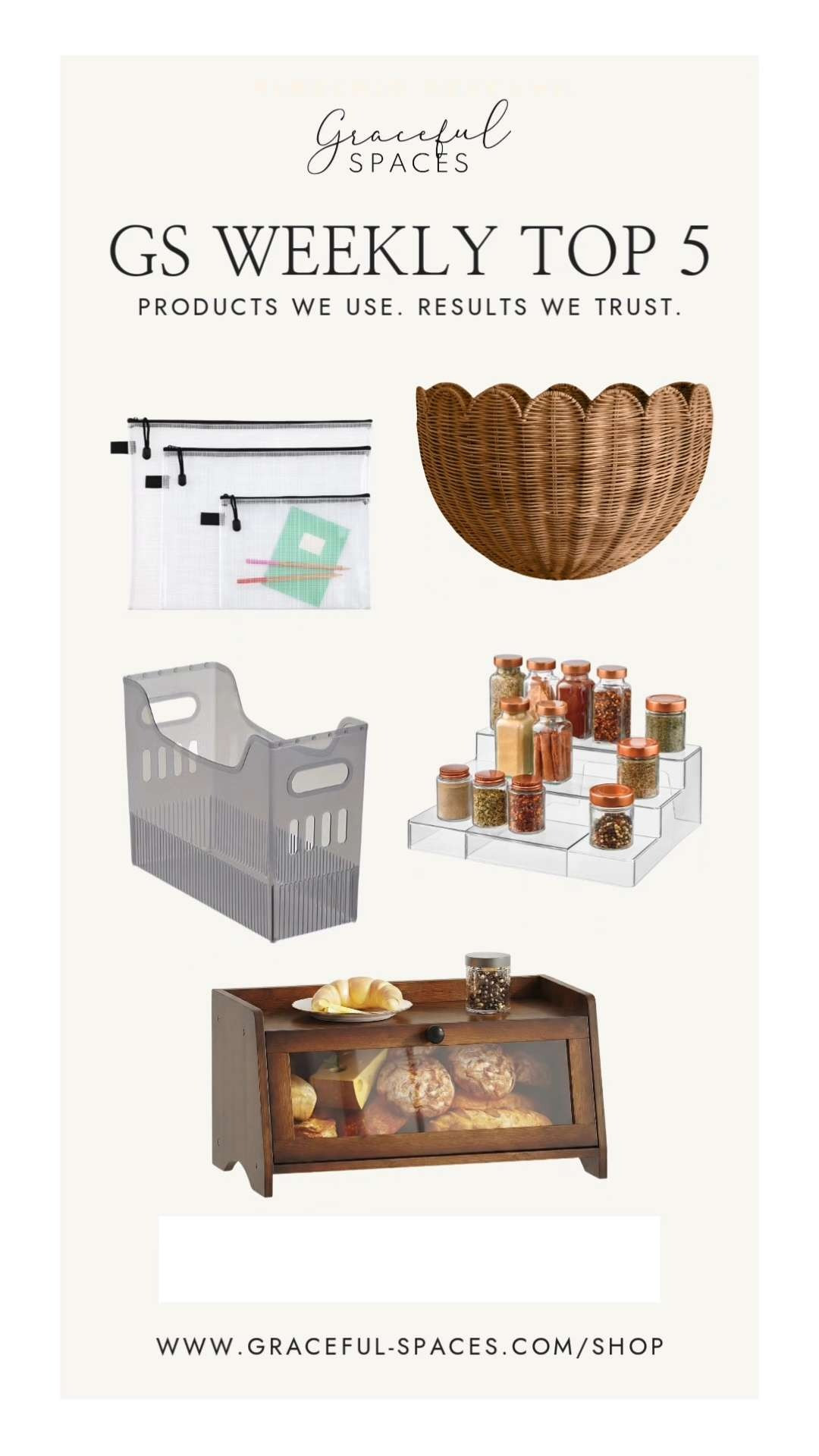 Excited to share all new products to grace our Top 5 this week!  Our favorite Zippered Pouches from The Container Store, the Scalloped Hanging Baskets from Christina's laundry and mudroom, Multi-Purpose Bins in Smoke from a recent garage project, the reliable 3-Tiered Acrylic Expandable Shelf from The Home Edit, and this luxe for less bread box from Wal-Mart! 

 #LTKHome