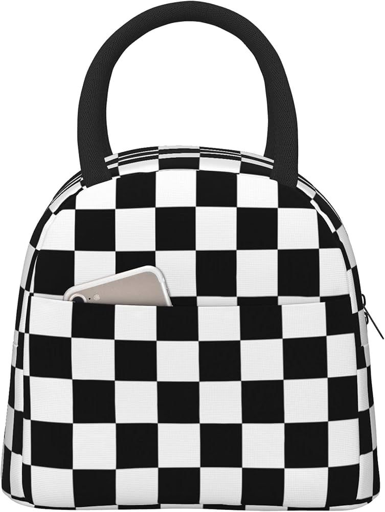 Checkered Lunch Bag Insulated Black and White Lunch Box Reusable Tote Bag for School Work Picnic ... | Amazon (US)