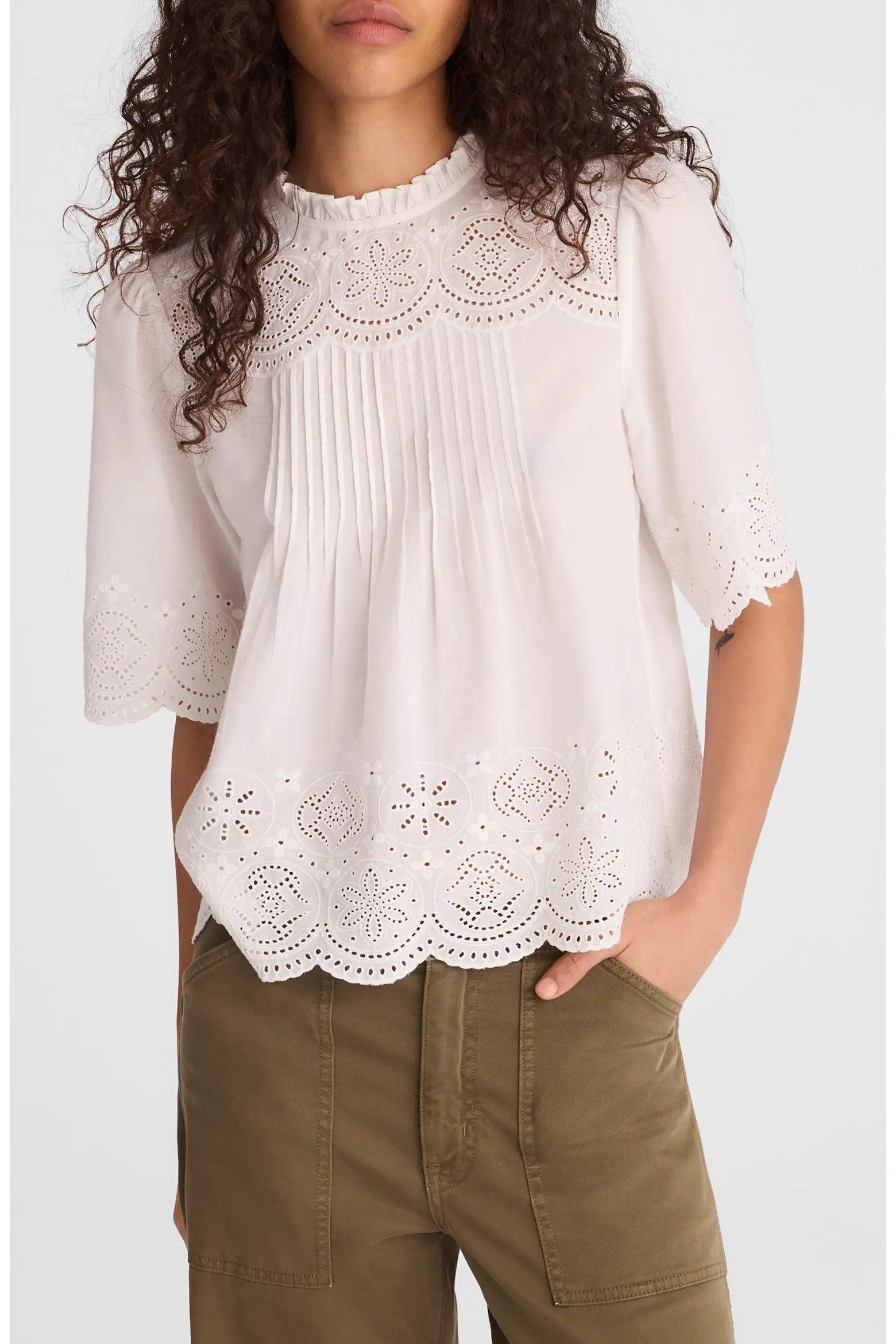 Embroidered Pintuck High Neck Cotton Voile Top (Women) | Nordstrom | Nordstrom