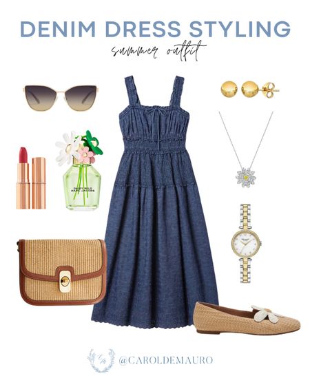 Here's a timeless versatile piece that you can wear this summer: a sleeveless denim midi dress paired with a raffia shoulder bag, daisy ballet flats, and more!
#outfitinspo #summerfashion #casuallook #comfyoutfit

#LTKSeasonal #LTKShoeCrush #LTKStyleTip