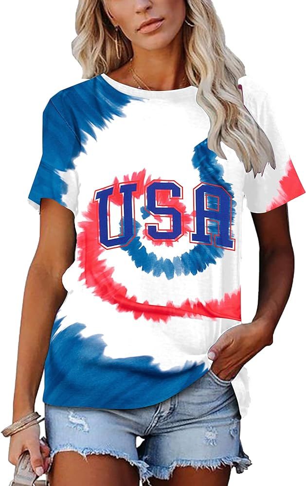USA Shirt Women 4th of July T-Shirt Patriotic America Flag Top Casual Tie Dye Graphic Tee Tops | Amazon (US)