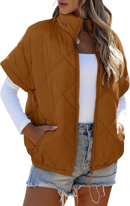SHEWIN Quilted Jackets For Women 2024 Casual Lightweight Short Sleeve Zip Up Warm Vests | Amazon (US)