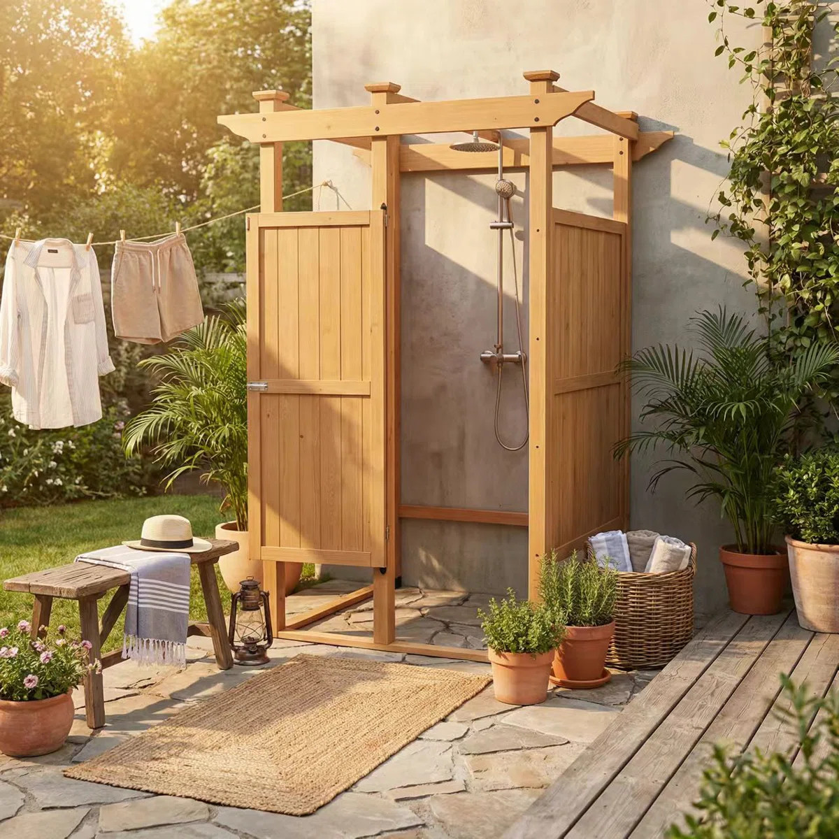 84'' H X 66'' W X 66'' D Outdoor Cedar Shower Room With Lockable Door For Poolside & Backyard | Wayfair North America