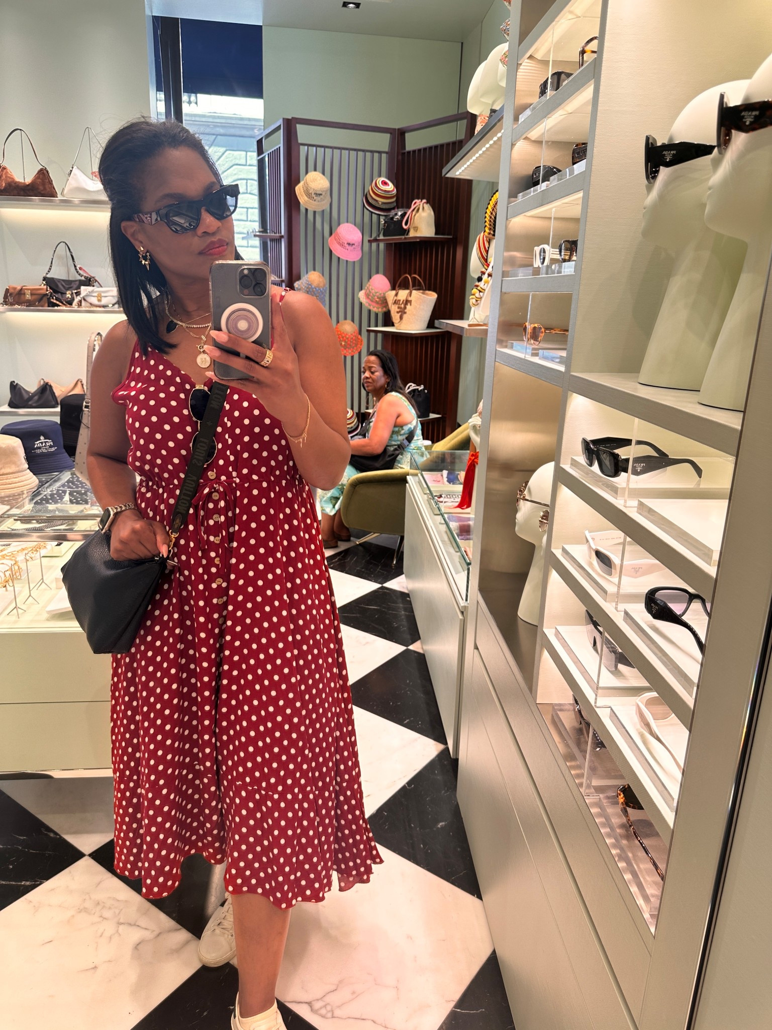 Perfect dress for vacation. Also, got these sunglasses yesterday at Prada. Earrings and necklaces are all Melinda Maria. Red lip is Pat McGrath forever and ever amen  

#LTKTravel #LTKSummerEdit #LTKMidsize
