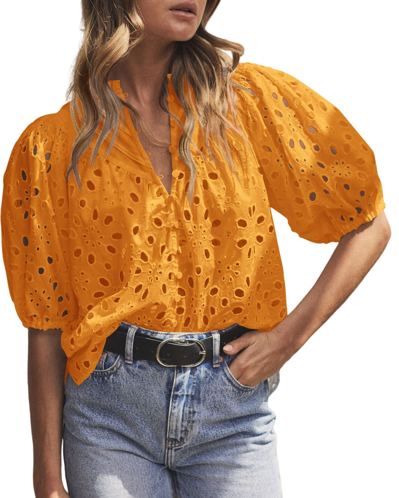 PRETTYGARDEN Women's Summer Tops Dressy Casual Short Lantern Sleeve V Neck Buttons Hollow Out Lac... | Walmart (US)