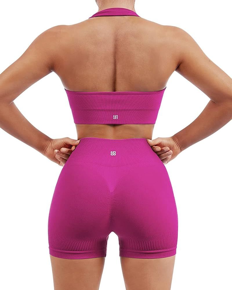 SUUKSESS Women Seamless Ribbed Workout Set Backless Sports Bra Booty Biker Short | Amazon (US)