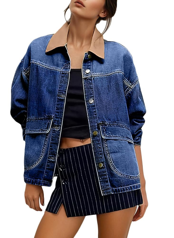 EVALESS Jean Jacket Women Trendy Color Block Denim Jacket Oversized Long Sleeve Button Down Barn ... | Amazon (US)
