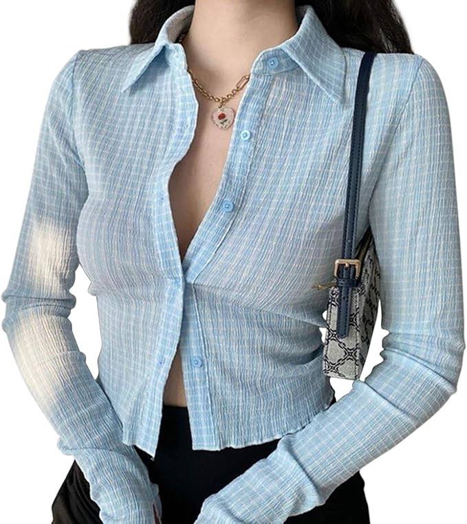 MISSACTIVER Women Flower Print Crop Shirt Polo Collar Button Down Long Sleeve Casual Vintage Crop... | Amazon (US)