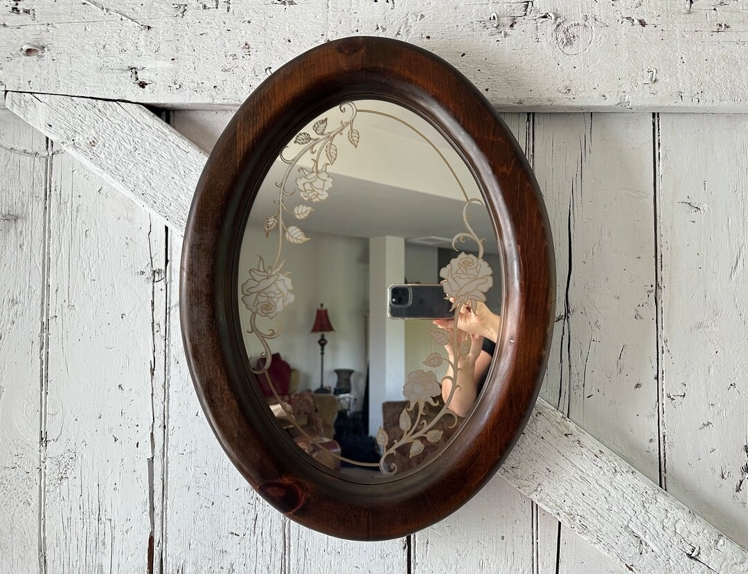 Oval Mirror Etched Roses Wood Frame Vintage 1970s Mirror 21 X - Etsy | Etsy (US)
