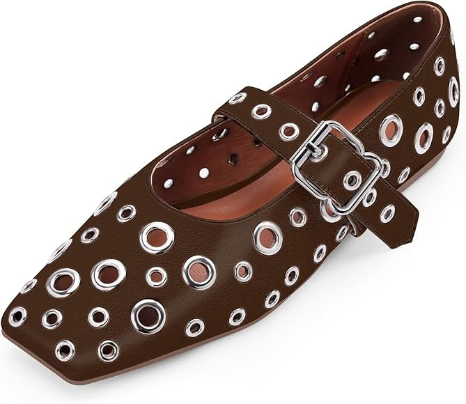 Women's Ballet Flats Studded Metal Eyelet Buckle Perforated Mary Jane Shoes | Amazon (US)