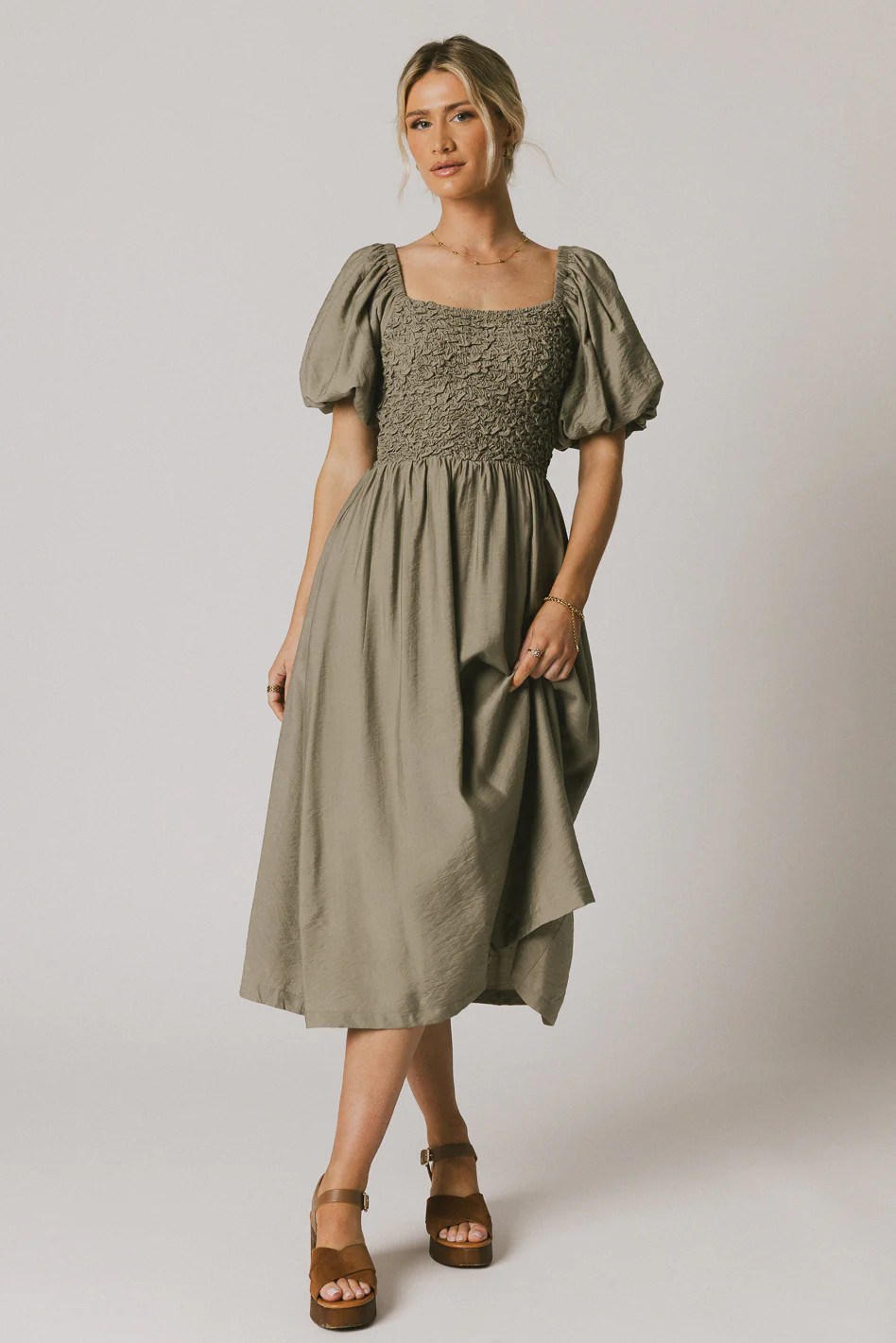 Janie Smocked Midi Dress in Olive | Böhme US