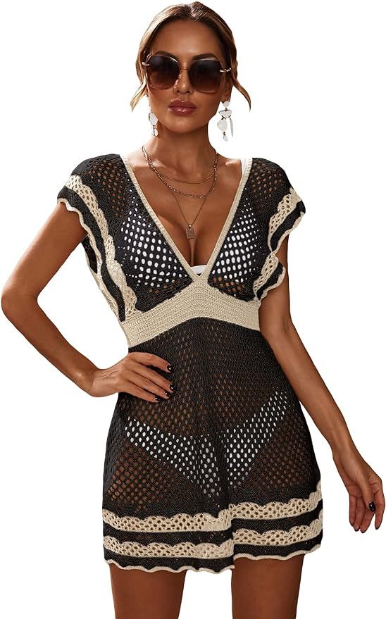 MakeMeChic Women's Deep V Neck Hollow Out See Through Knit Swimsuit Cover Up Beach Dress | Amazon (US)