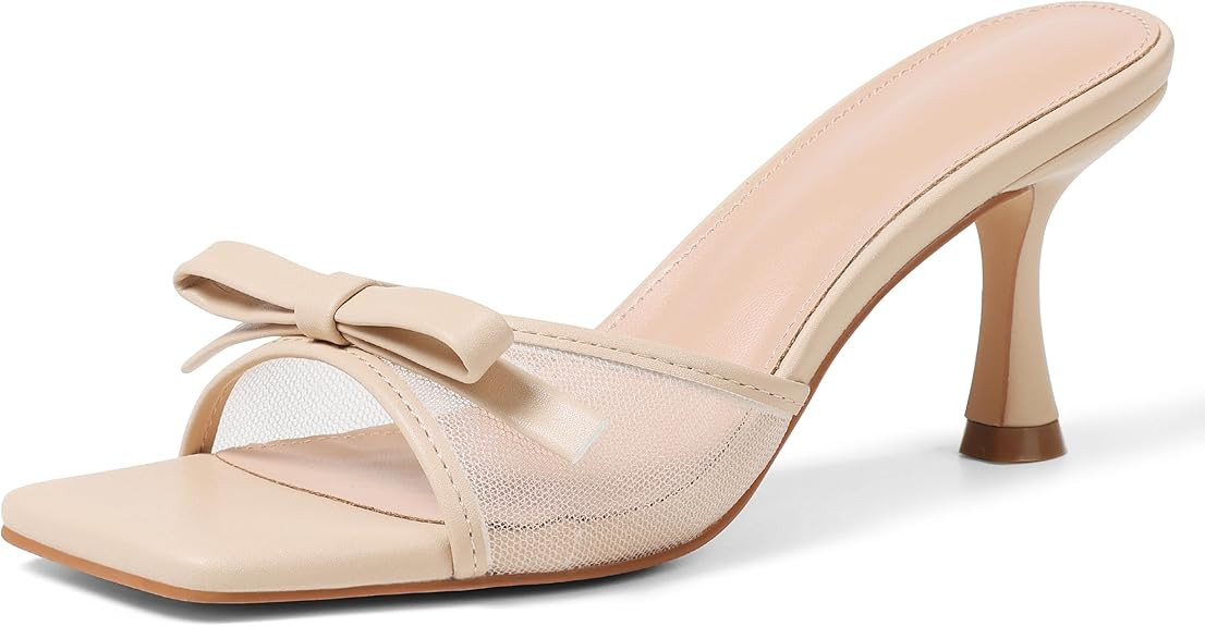 Womens Heeled Sandals Open Square Toe Kitten Heels Sandals Slip On Bow Mesh Mules Heels Comfortab... | Amazon (US)