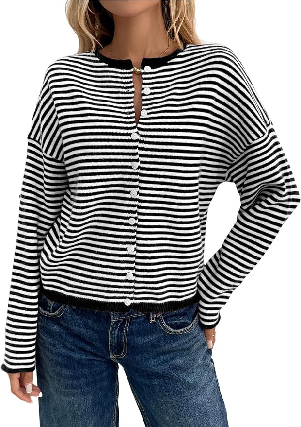 utcoco Women's Cropped Striped Button Down Knit Cardigans Soft Lightweight Cardigan Sweaters Oute... | Amazon (US)