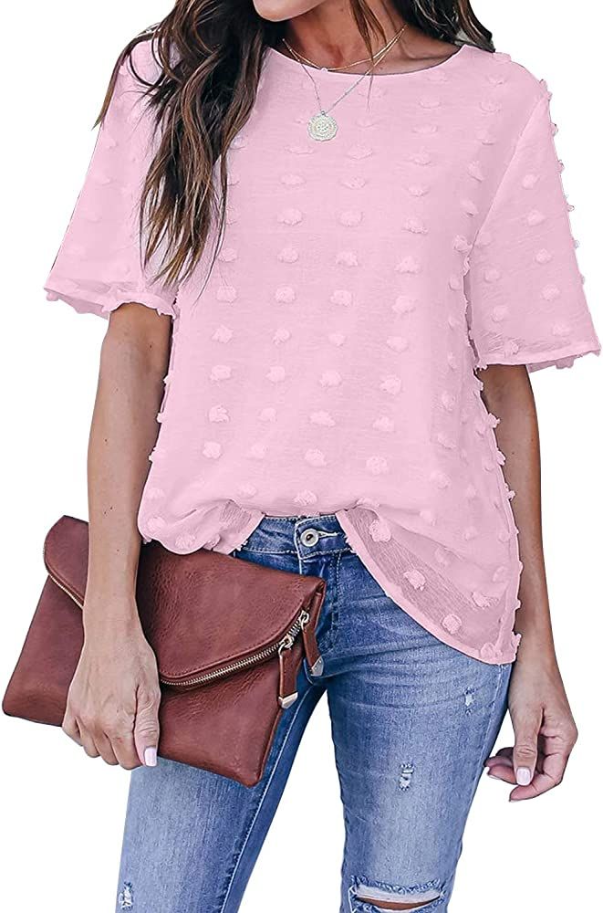 Blooming Jelly Womens Chiffon Blouse Summer Casual Round Neck Short Sleeve Pom Pom Shirts Top | Amazon (US)
