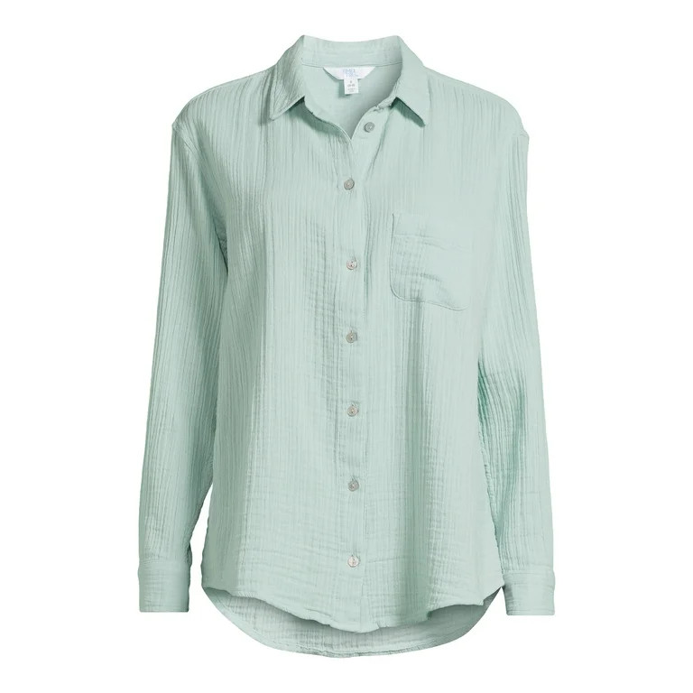 Time and Tru Women’s Double Cloth Shirt with Long Sleeves, Sizes XS-XXXL | Walmart (US)