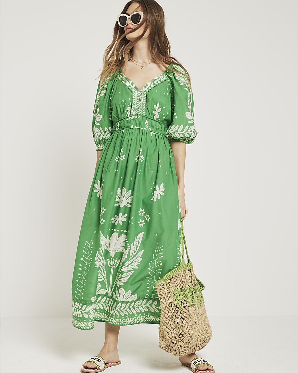 Green floral puff sleeve swing maxi dress | River Island (UK & IE)