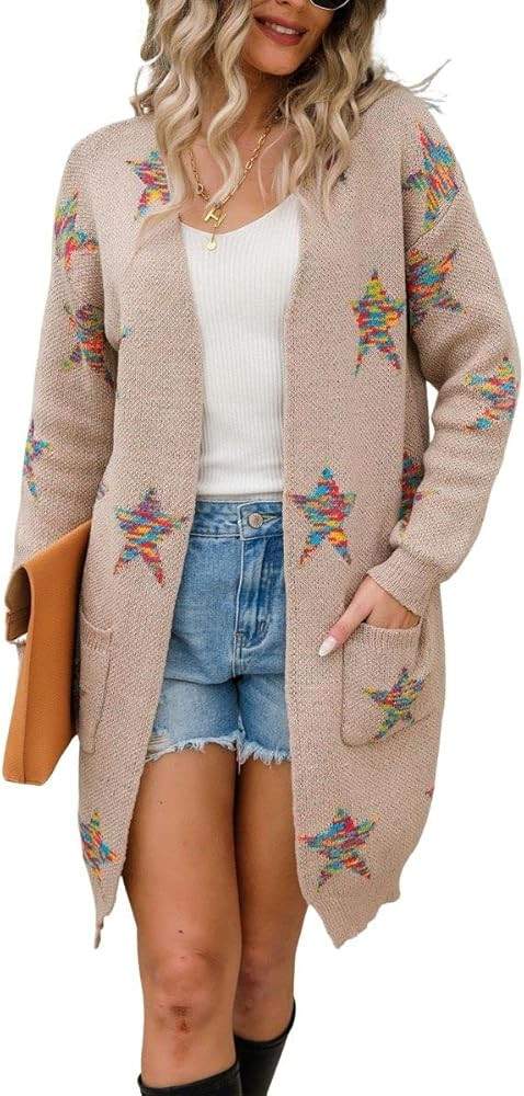 chouyatou Women's Star Print Long Sleeve Open Front Long Cardigan Sweaters with Pockets | Amazon (US)